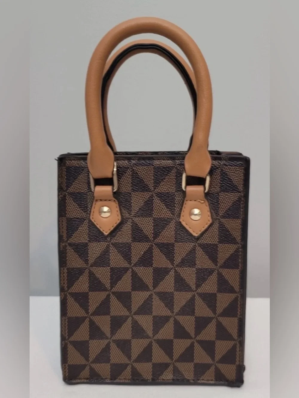 Structured Brown Geometric Triangle Mini Satchel Crossbody Bag with Tan Handles